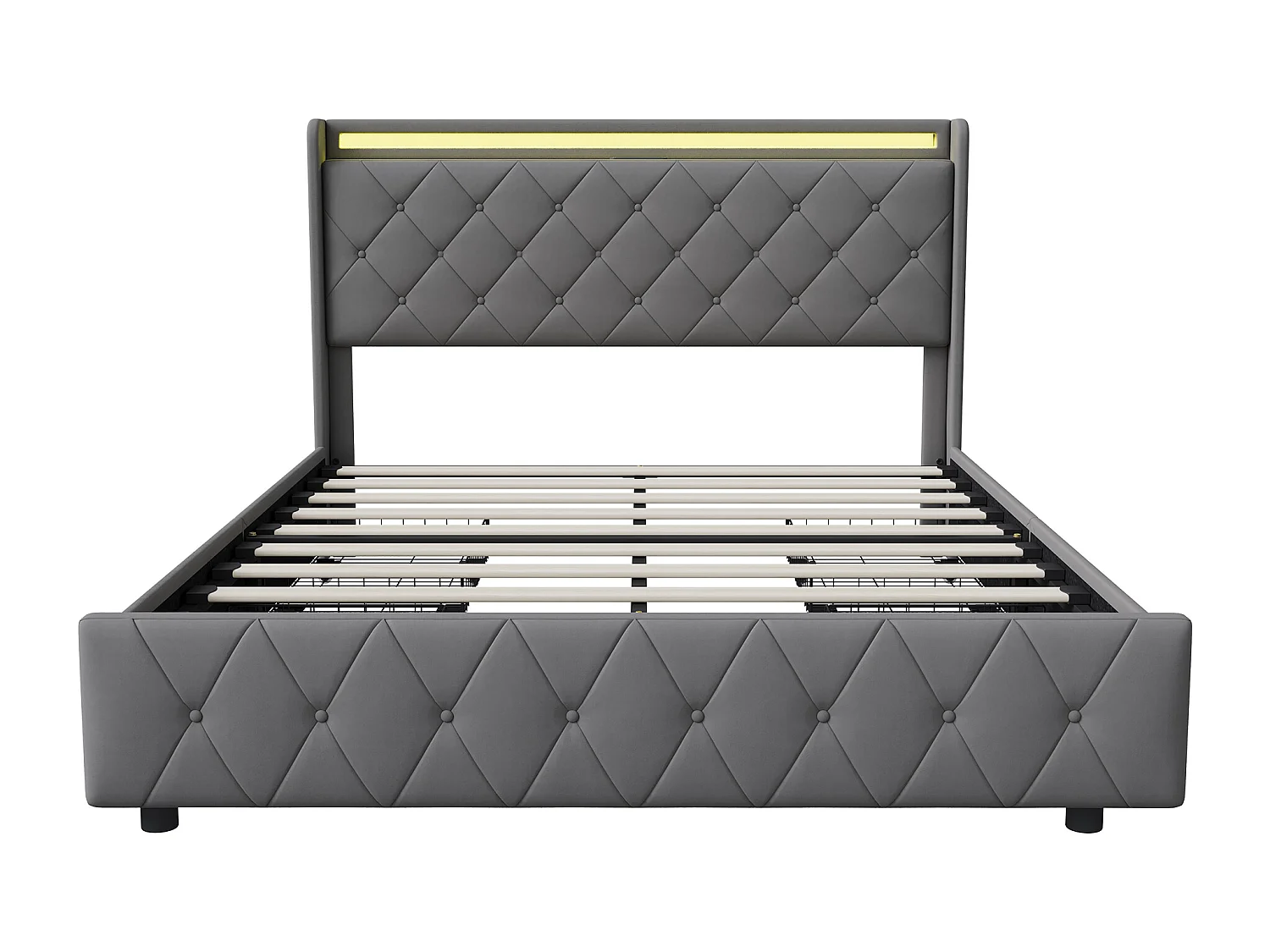 Lit double 140x200cm avec 4 tiroirs - LED et ports USB - tête de lit avec rangement - velours - gris