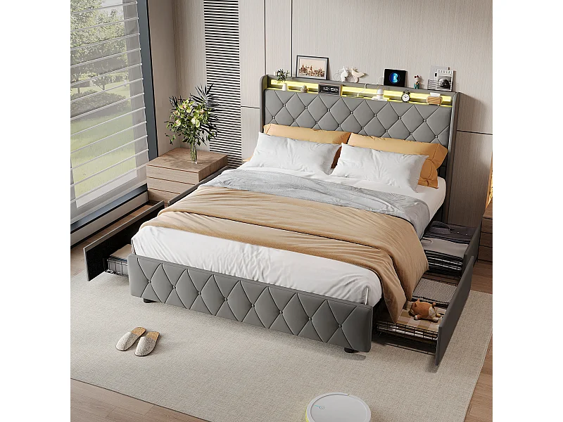 Lit double 140x200cm avec 4 tiroirs - LED et ports USB - tête de lit avec rangement - velours - gris