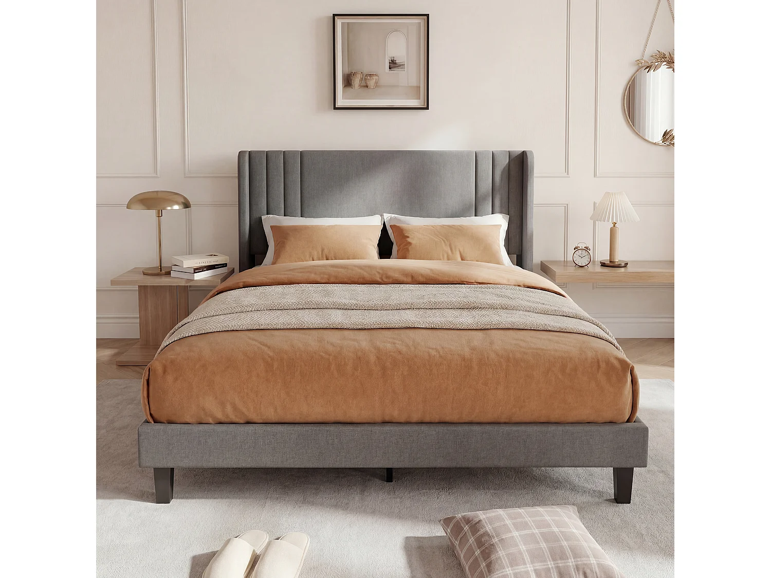 Lit double 140x200cm avec sommier à lattes et cadre en métal - Style moderne - Lin - Gris