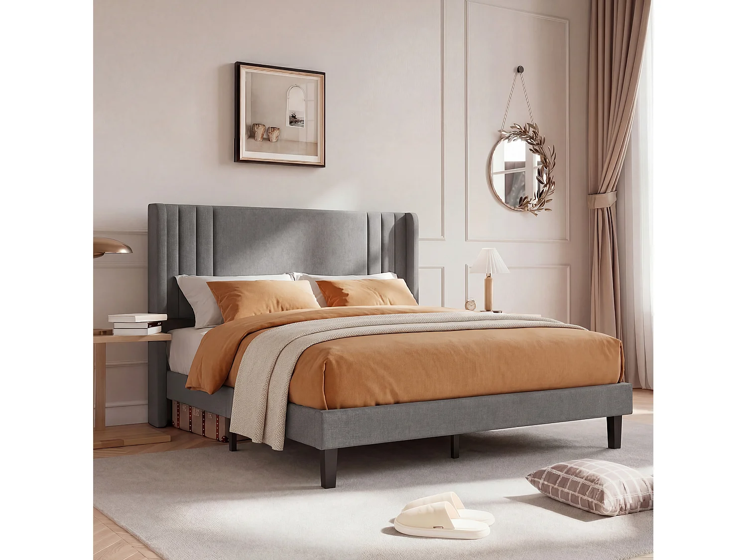 Lit double 140x200cm avec sommier à lattes et cadre en métal - Style moderne - Lin - Gris