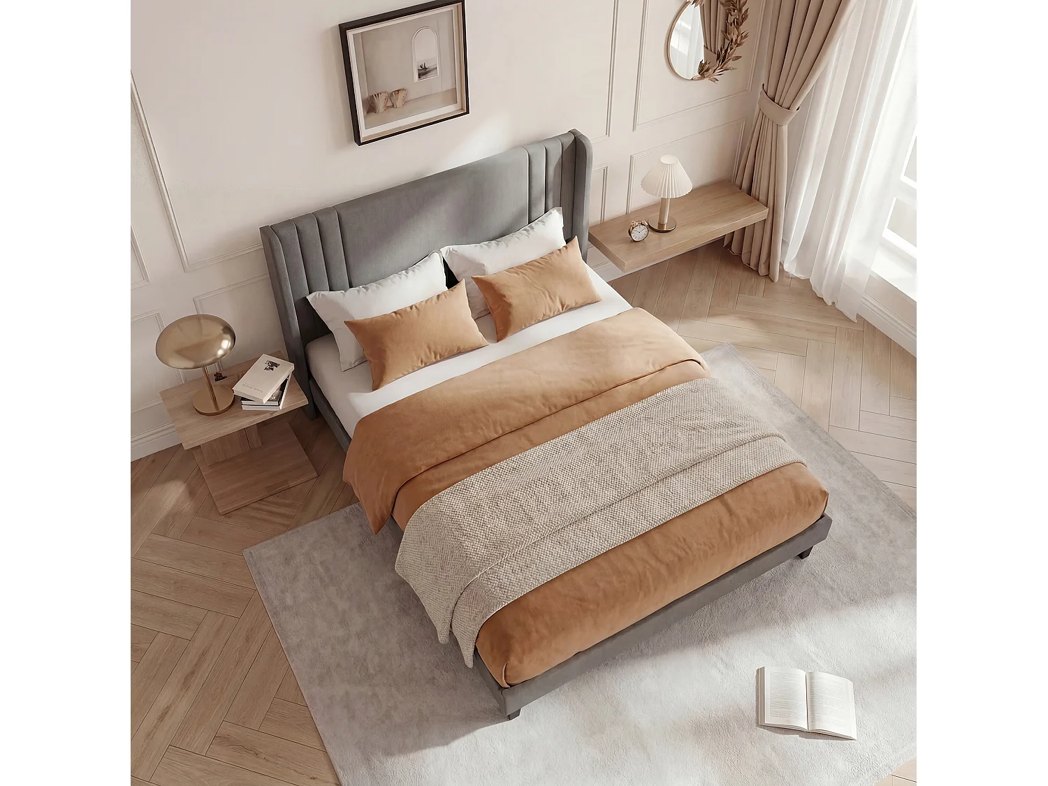 Lit double 140x200cm avec sommier à lattes et cadre en métal - Style moderne - Lin - Gris