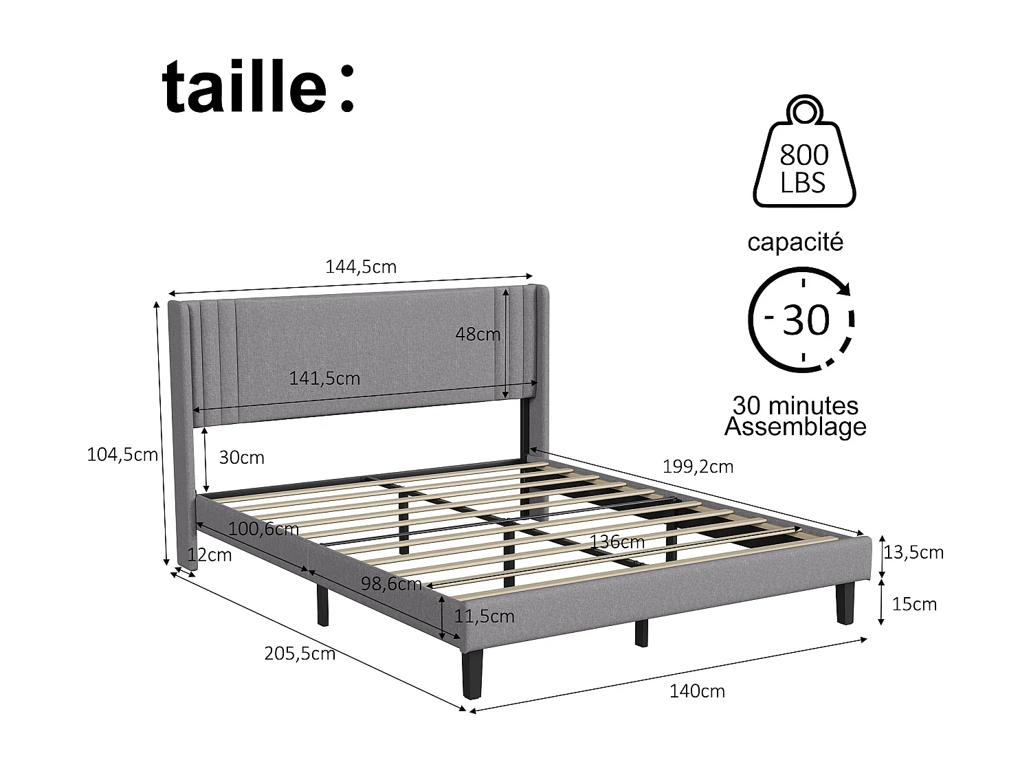 Lit double 140x200cm avec sommier à lattes et cadre en métal - Style moderne - Lin - Gris