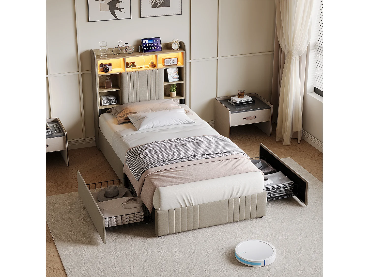 Lit simple 90x200cm avec éclairage LED et 2 tiroirs - tête de lit avec ports USB et rangements - lin - beige