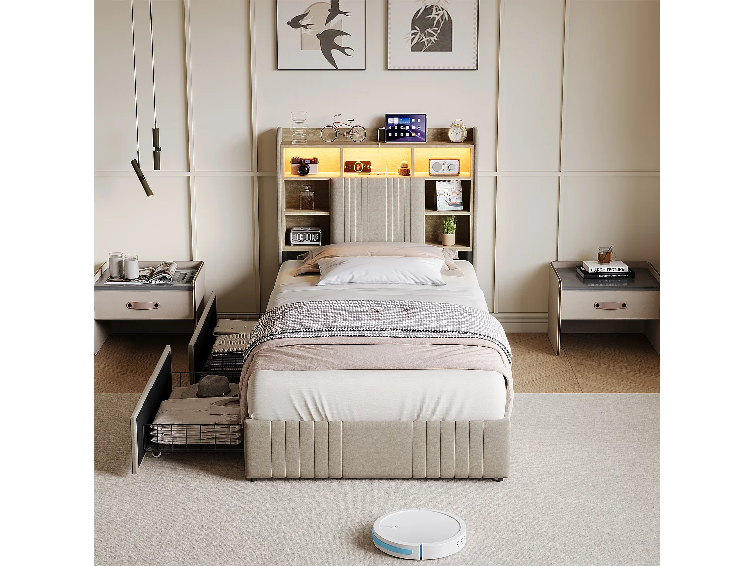 Lit simple 90x200cm avec éclairage LED et 2 tiroirs - tête de lit avec ports USB et rangements - lin - beige