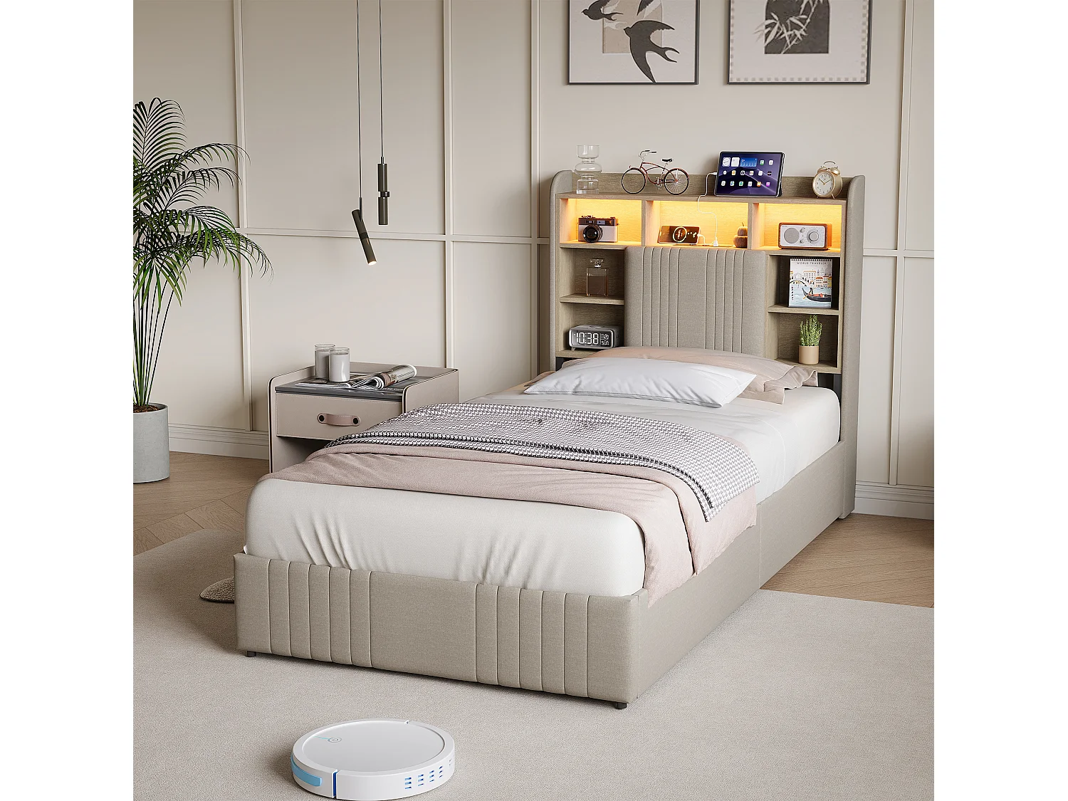 Lit simple 90x200cm avec éclairage LED et 2 tiroirs - tête de lit avec ports USB et rangements - lin - beige