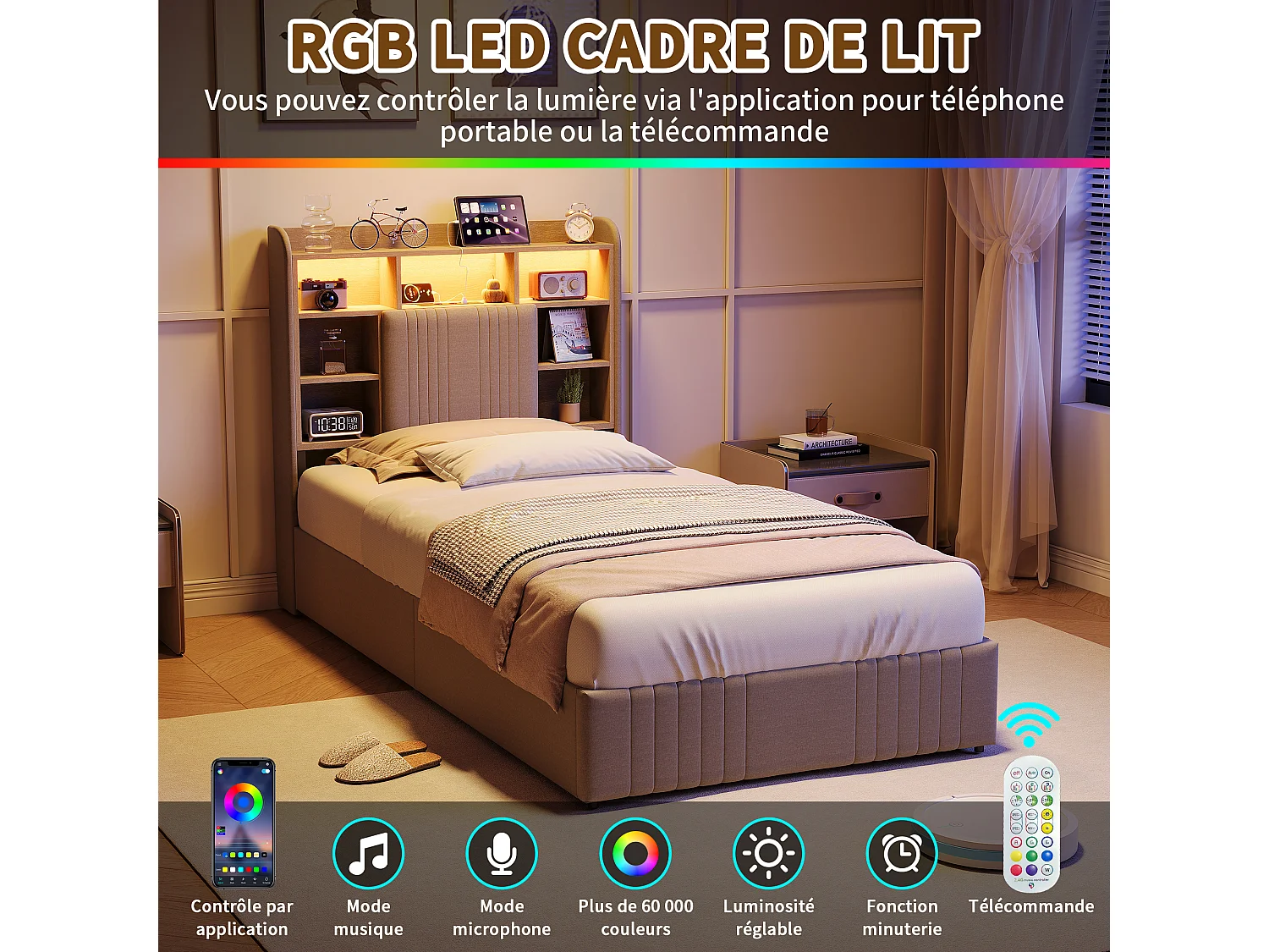 Lit simple 90x200cm avec éclairage LED et 2 tiroirs - tête de lit avec ports USB et rangements - lin - beige