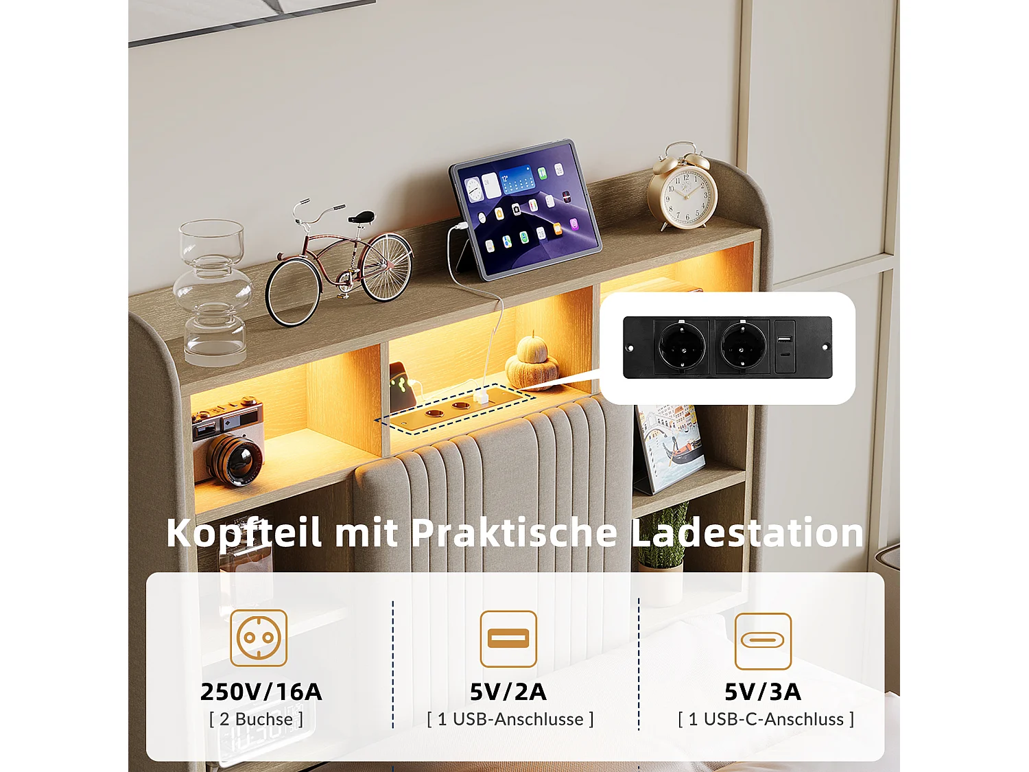 Lit simple 90x200cm avec éclairage LED et 2 tiroirs - tête de lit avec ports USB et rangements - lin - beige