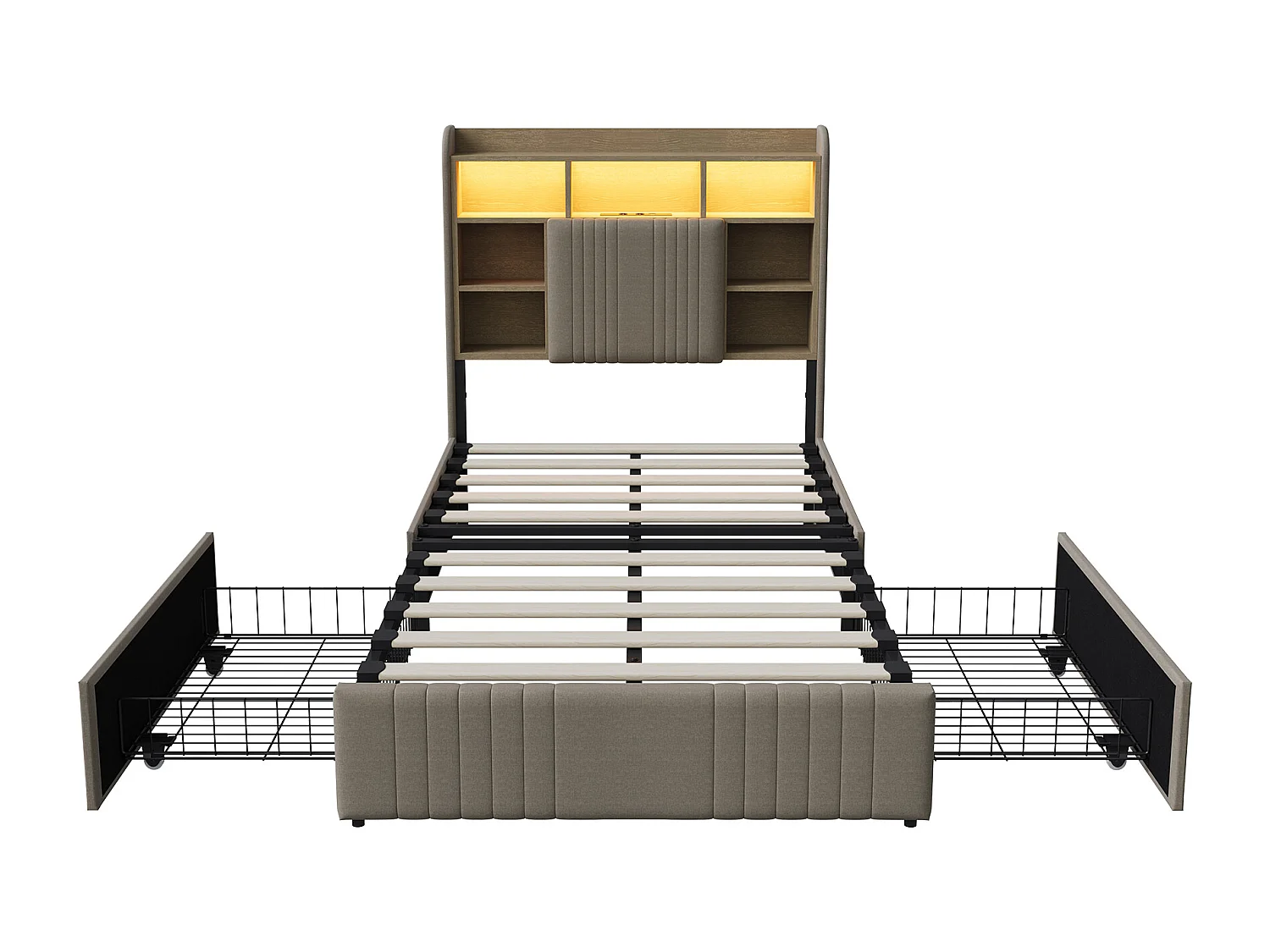 Lit simple 90x200cm avec éclairage LED et 2 tiroirs - tête de lit avec ports USB et rangements - lin - beige