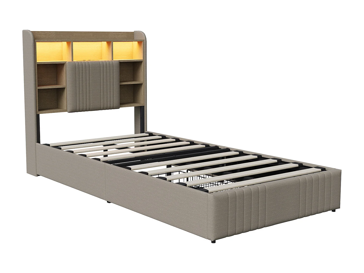 Lit simple 90x200cm avec éclairage LED et 2 tiroirs - tête de lit avec ports USB et rangements - lin - beige