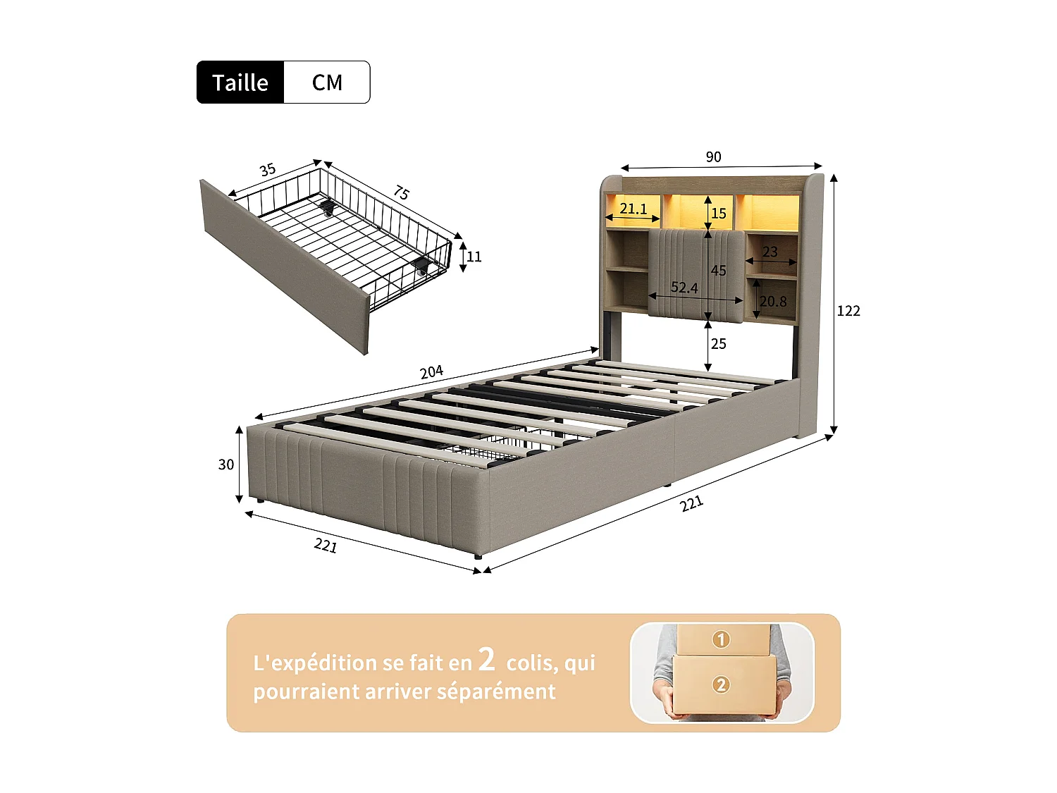 Lit simple 90x200cm avec éclairage LED et 2 tiroirs - tête de lit avec ports USB et rangements - lin - beige