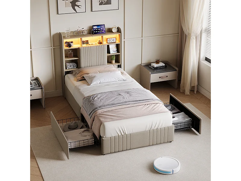 Lit simple 90x200cm avec éclairage LED et 2 tiroirs - tête de lit avec ports USB et rangements - lin - beige