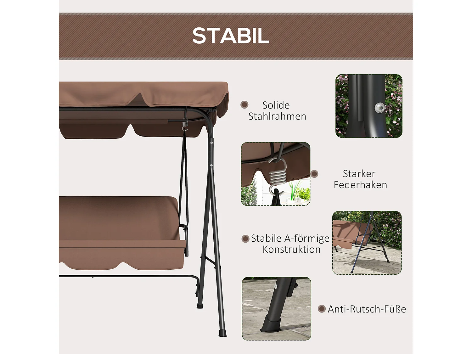 Tuinschommelstoel, 3-zits ligstoel met verstelbare zonnekap, geschikt voor tuinen en terrassen