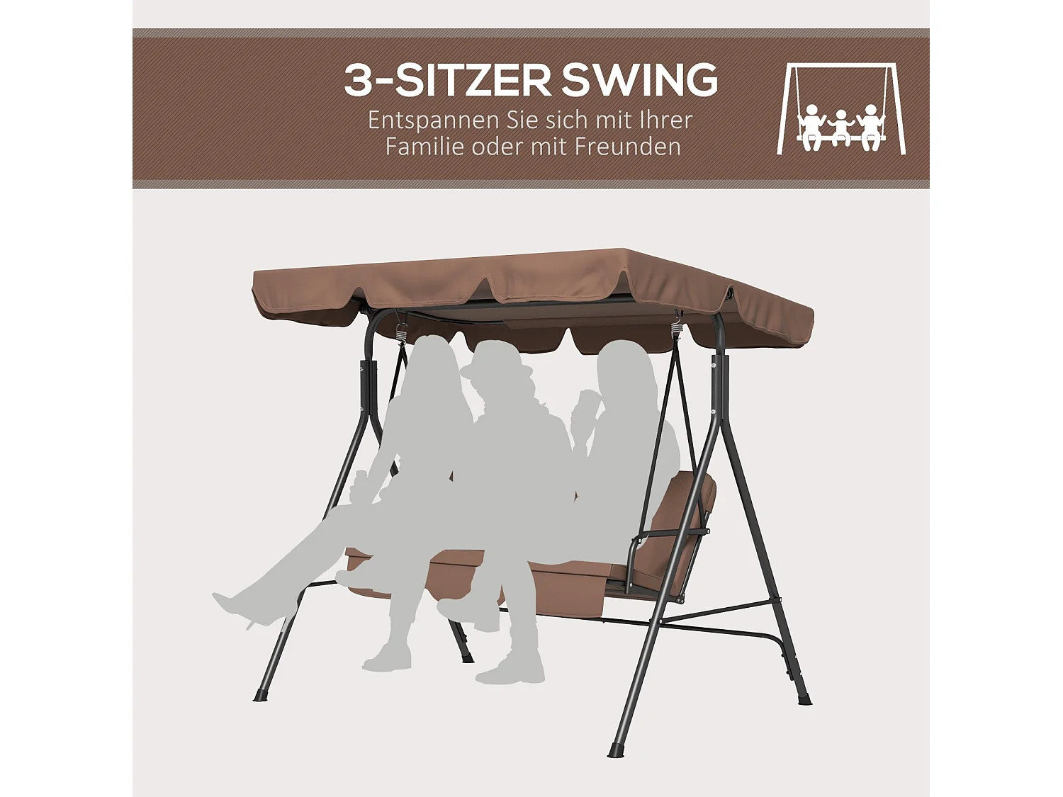 Tuinschommelstoel, 3-zits ligstoel met verstelbare zonnekap, geschikt voor tuinen en terrassen