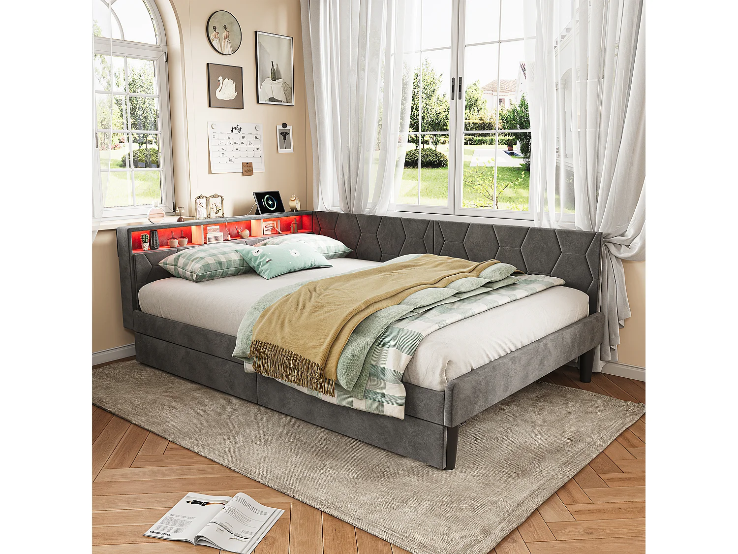 Lit double 140x200cm avec LED et ports USB - Canapé-lit d'angle avec 2 tiroirs - velours - gris