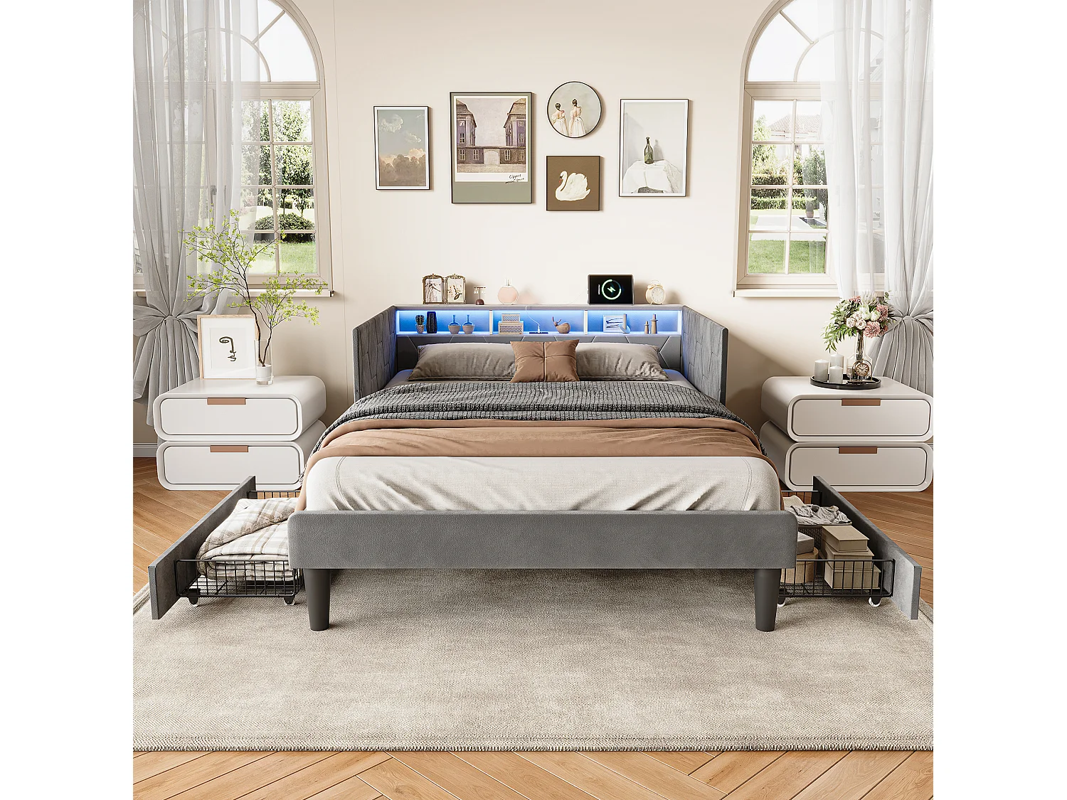 Lit double 140x200cm avec LED et ports USB - Canapé-lit d'angle avec 2 tiroirs - velours - gris