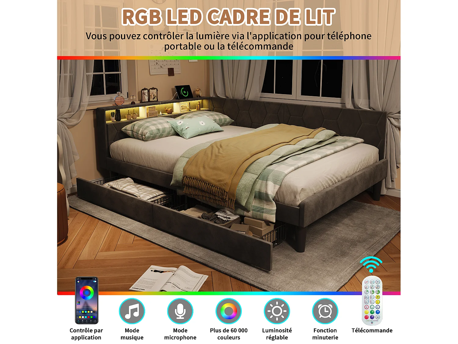 Lit double 140x200cm avec LED et ports USB - Canapé-lit d'angle avec 2 tiroirs - velours - gris