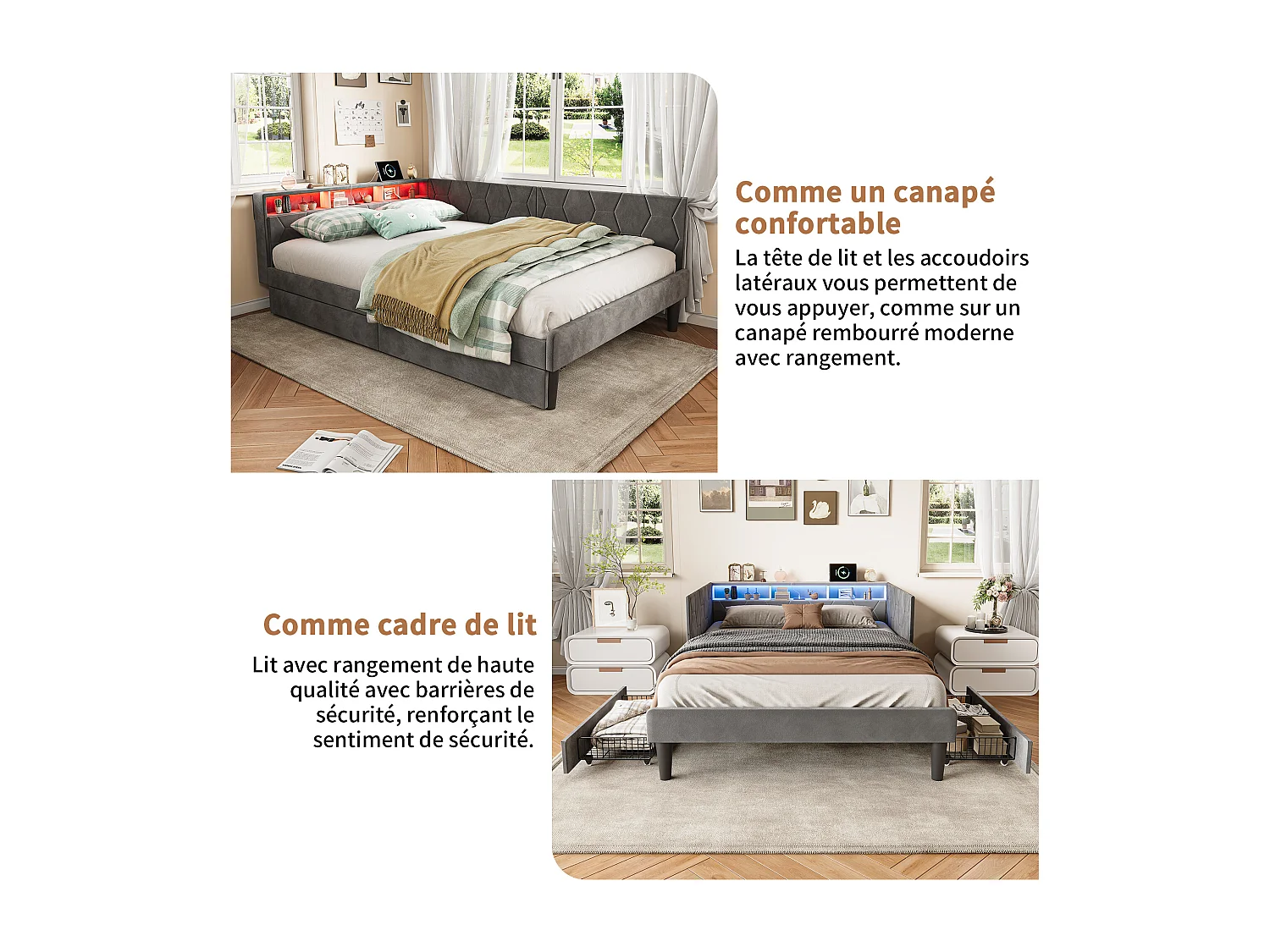Lit double 140x200cm avec LED et ports USB - Canapé-lit d'angle avec 2 tiroirs - velours - gris
