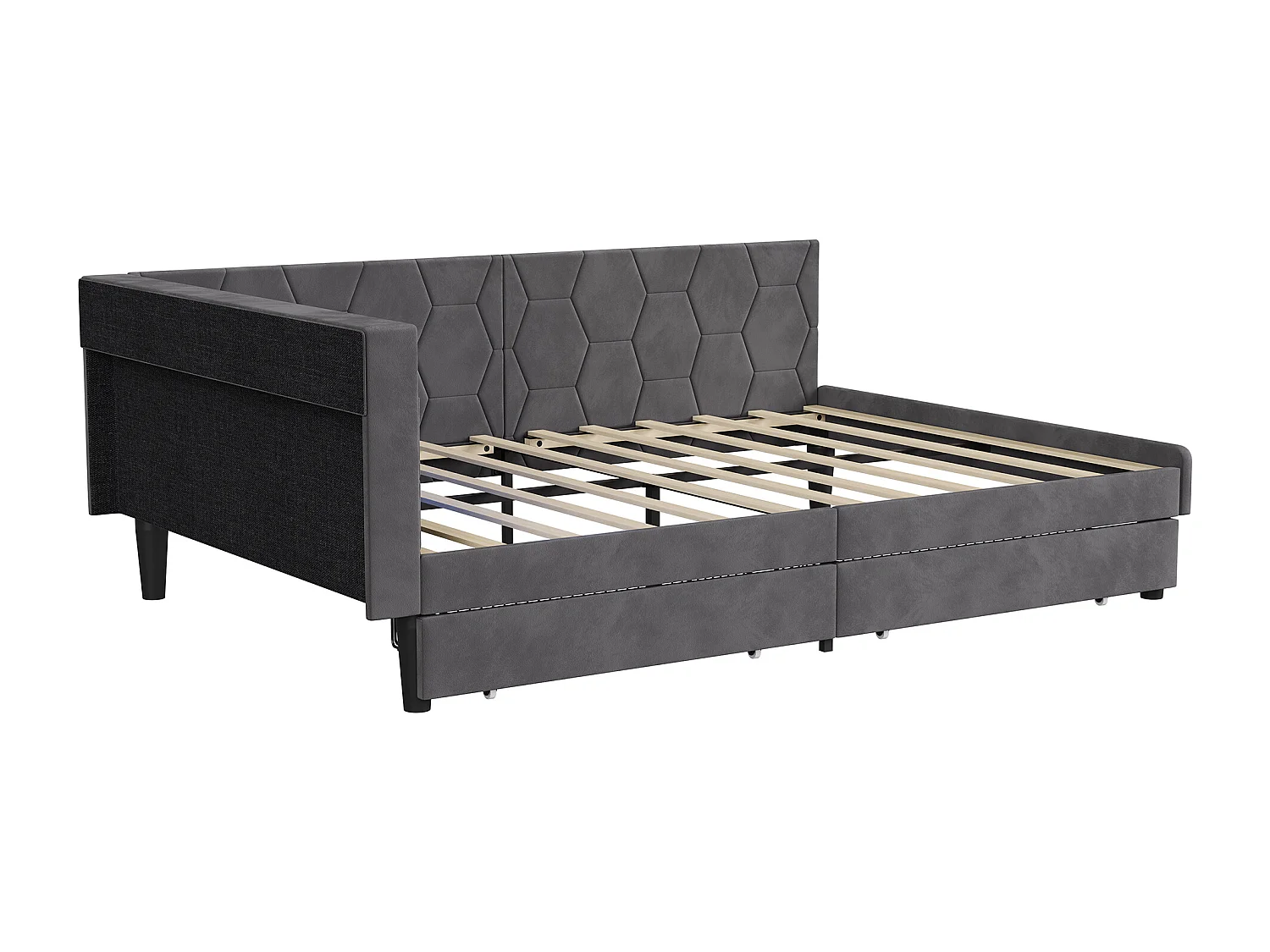 Lit double 140x200cm avec LED et ports USB - Canapé-lit d'angle avec 2 tiroirs - velours - gris