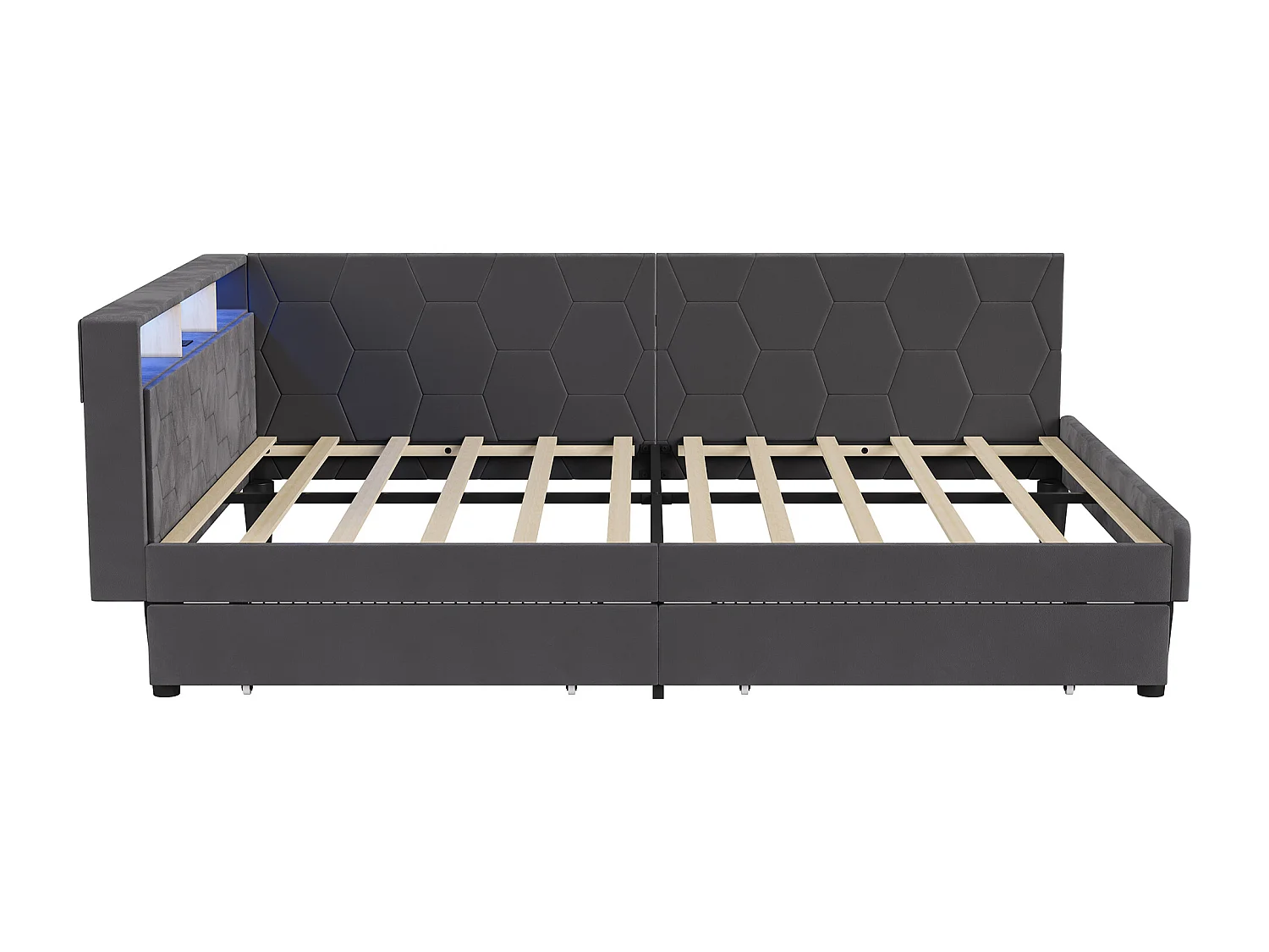 Lit double 140x200cm avec LED et ports USB - Canapé-lit d'angle avec 2 tiroirs - velours - gris