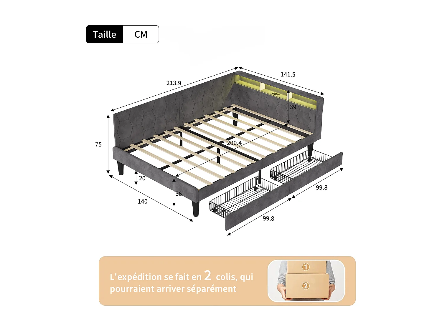 Lit double 140x200cm avec LED et ports USB - Canapé-lit d'angle avec 2 tiroirs - velours - gris