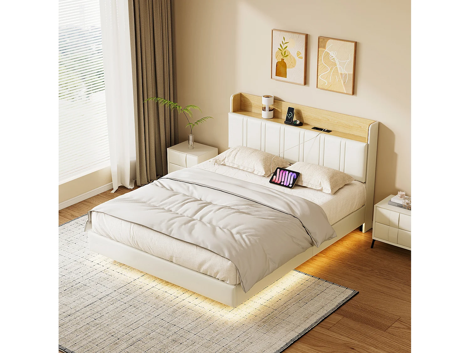 Lit double, 160x200cm, avec LED et ports USB, tête de lit avec fonction de rangement, PU, ​​blanc