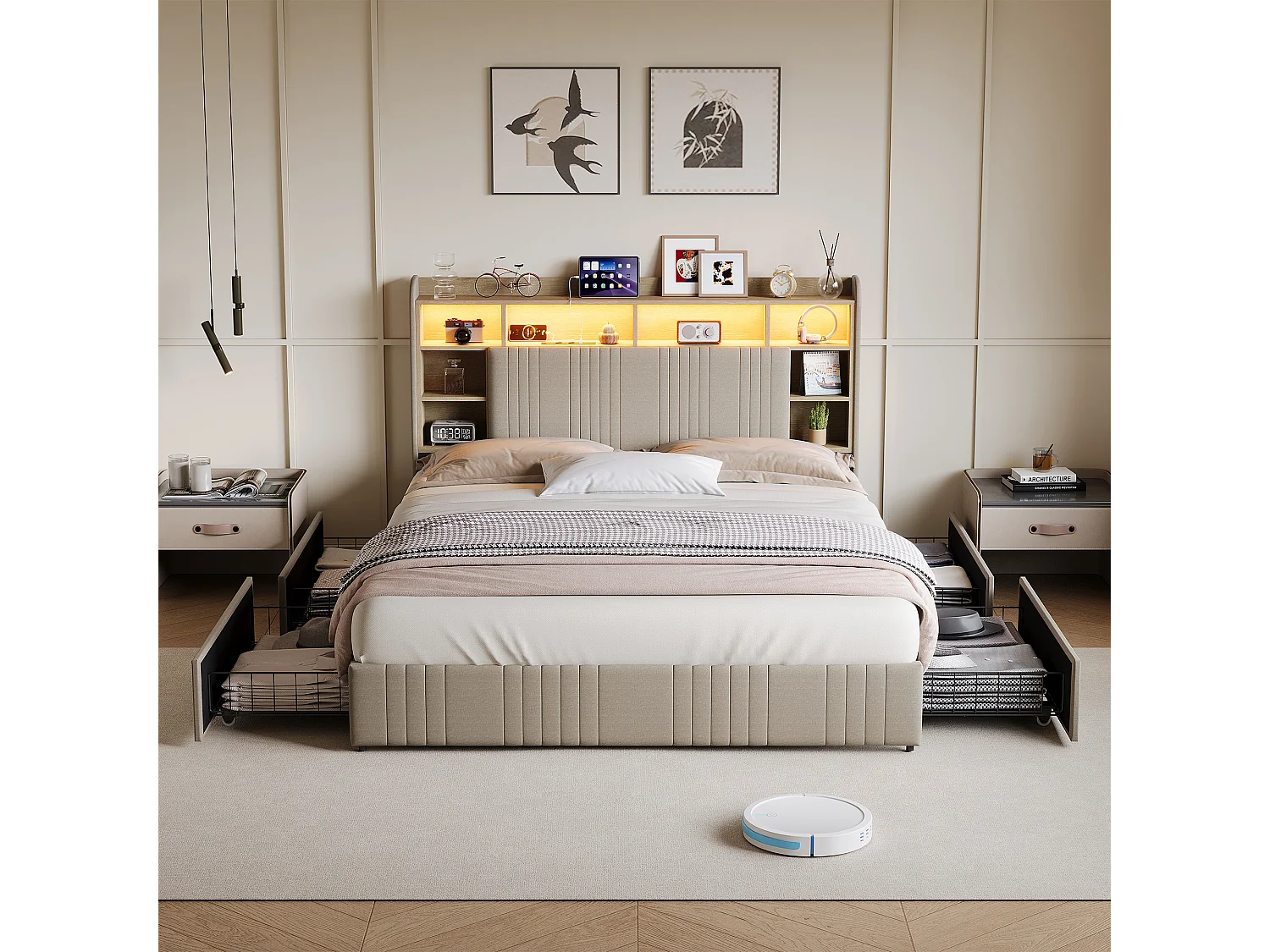 Lit double 140x200cm avec éclairage LED et 4 tiroirs - tête de lit avec ports USB et rangements - lin - beige