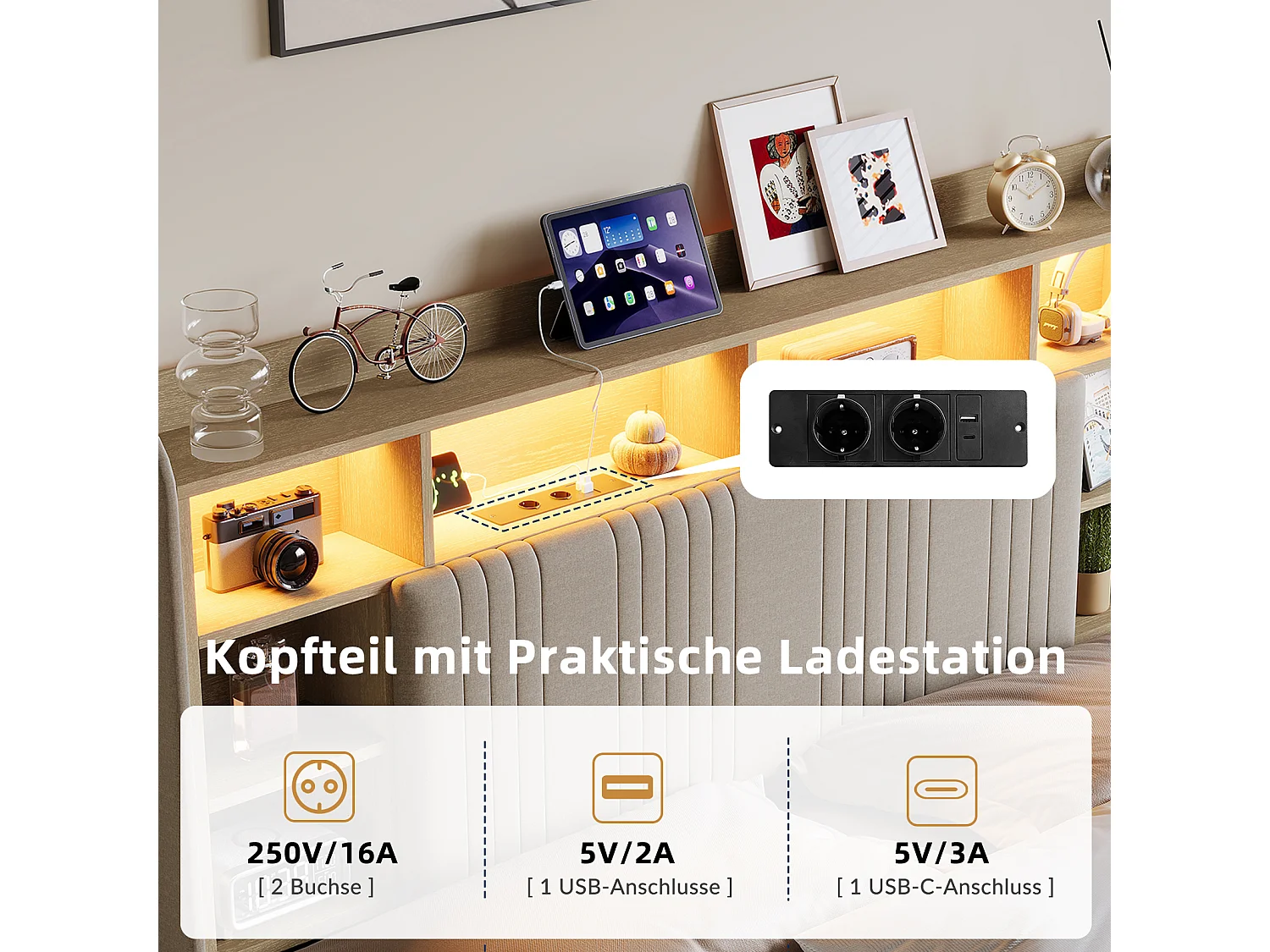 Lit double 140x200cm avec éclairage LED et 4 tiroirs - tête de lit avec ports USB et rangements - lin - beige