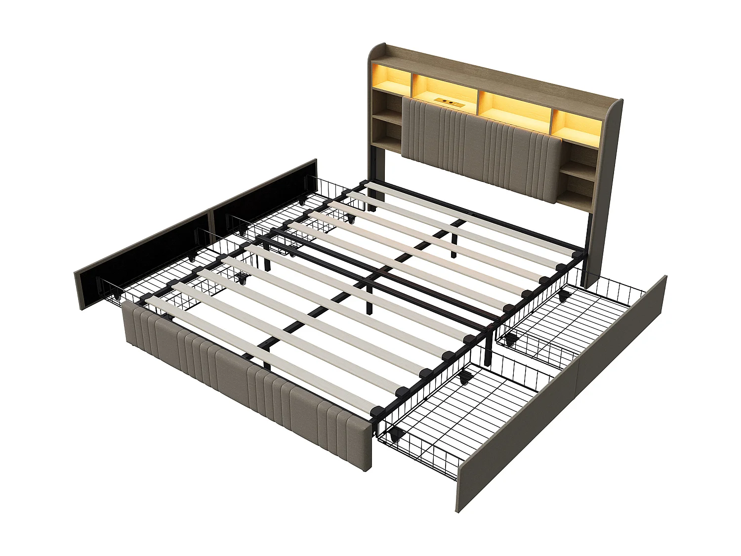 Lit double 140x200cm avec éclairage LED et 4 tiroirs - tête de lit avec ports USB et rangements - lin - beige