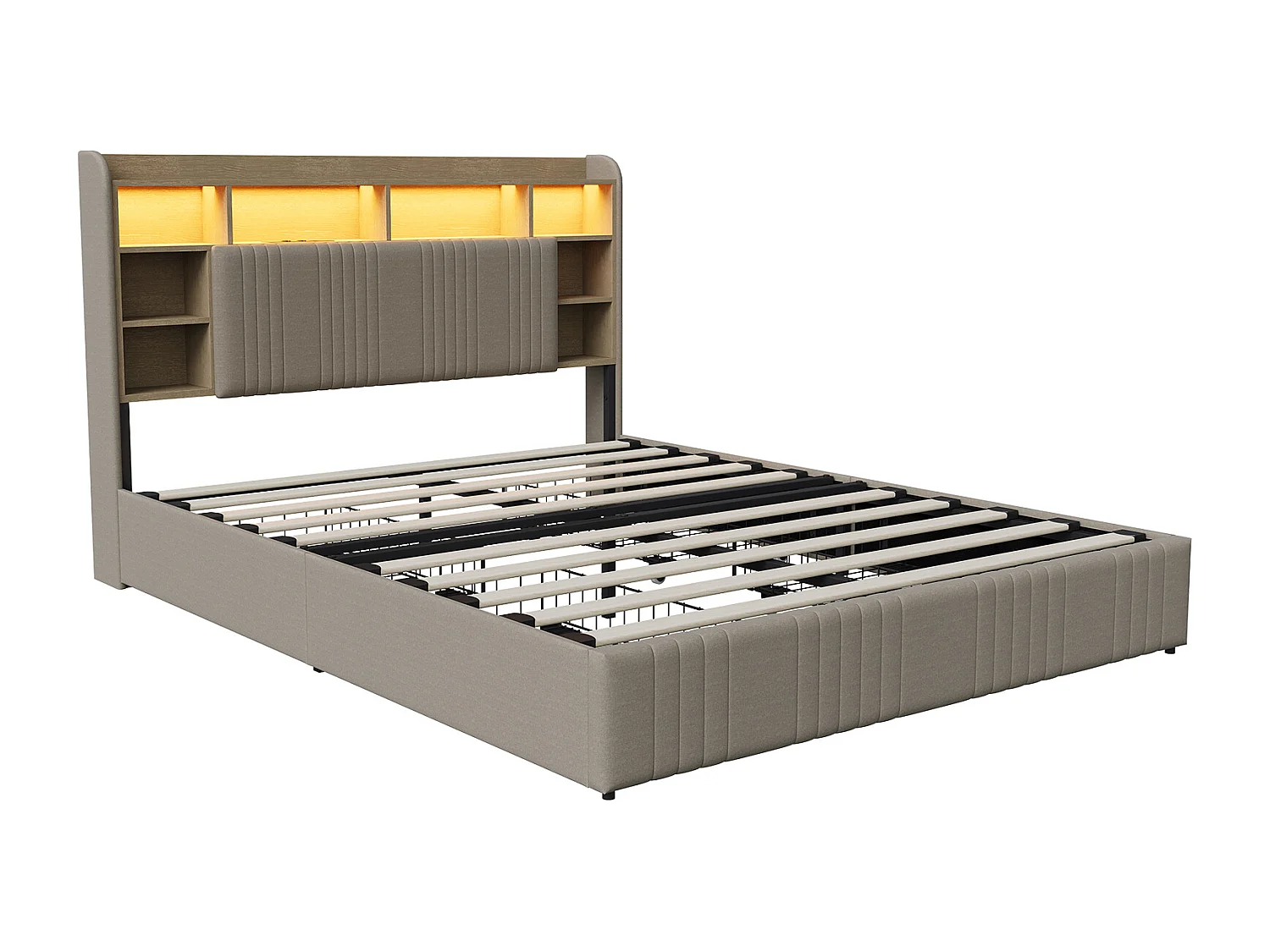 Lit double 140x200cm avec éclairage LED et 4 tiroirs - tête de lit avec ports USB et rangements - lin - beige