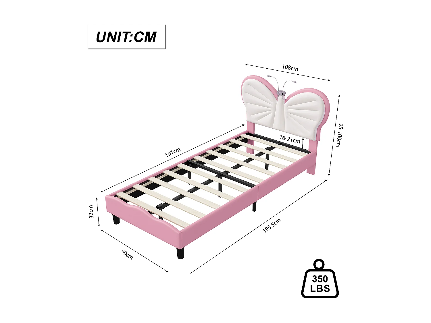 Lit simple enfant 90x190cm avec lampe de lecture - tête de lit papillon réglable - velours - rose
