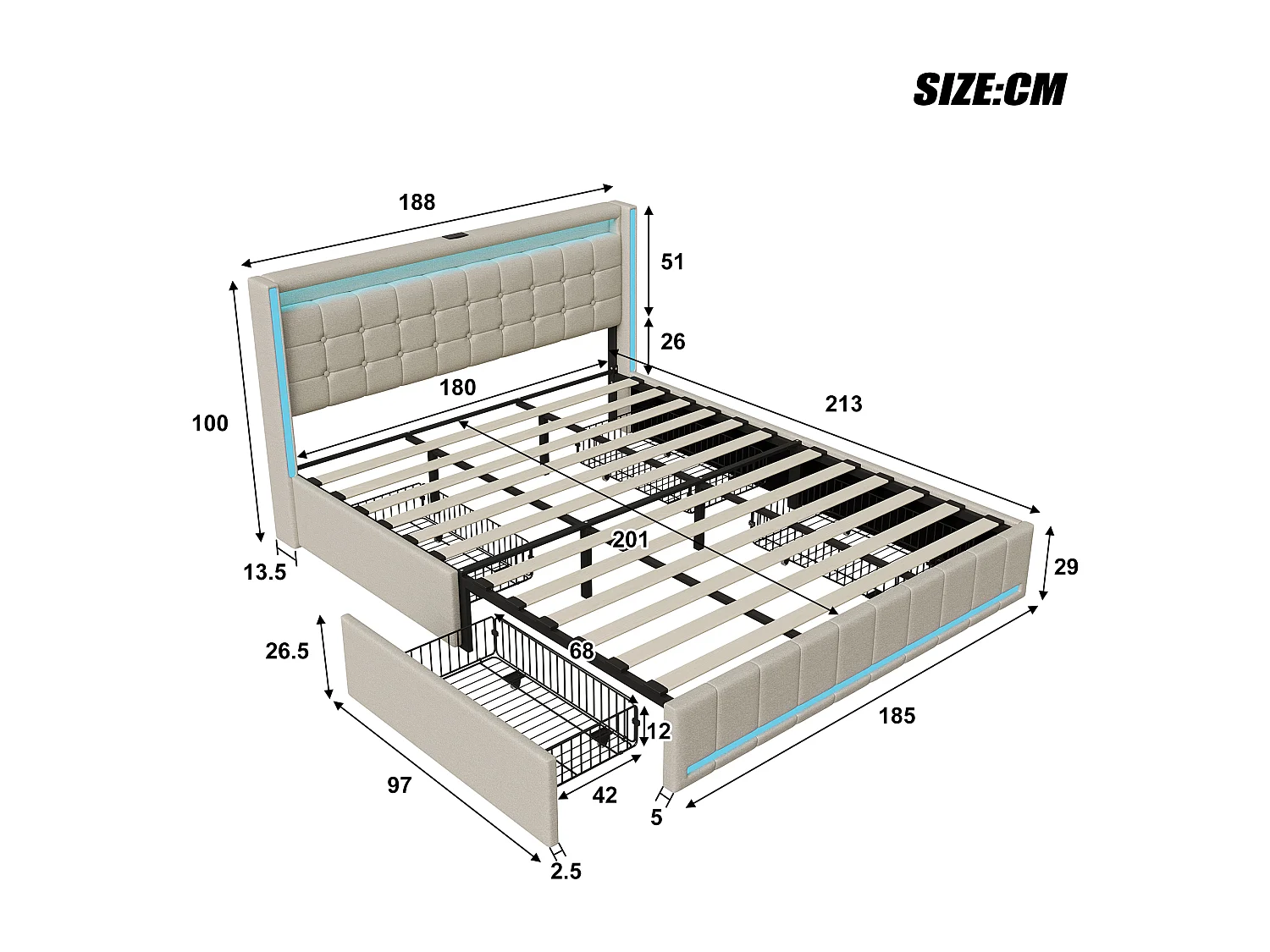 Lit Double 180x200cm - avec Éclairage LED et Charge USB - 4 Tiroirs - Lin - Beige