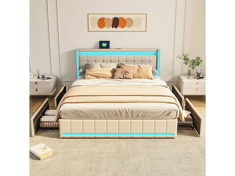 Lit Double 180x200cm - avec Éclairage LED et Charge USB - 4 Tiroirs - Lin - Beige