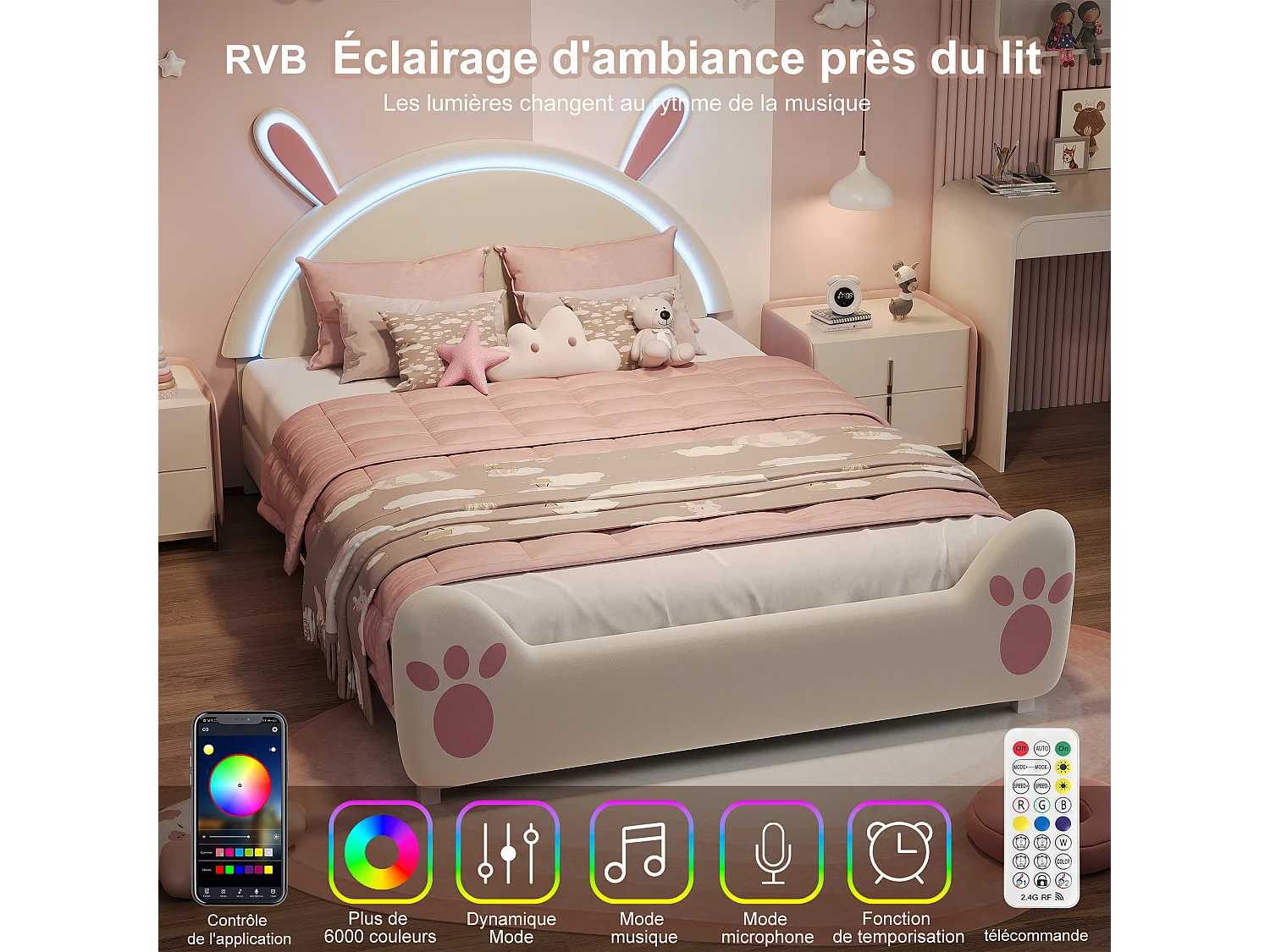 Lit enfant double 140x200cm avec lumières LED - tête de lit oreilles de lapin - velours - blanc