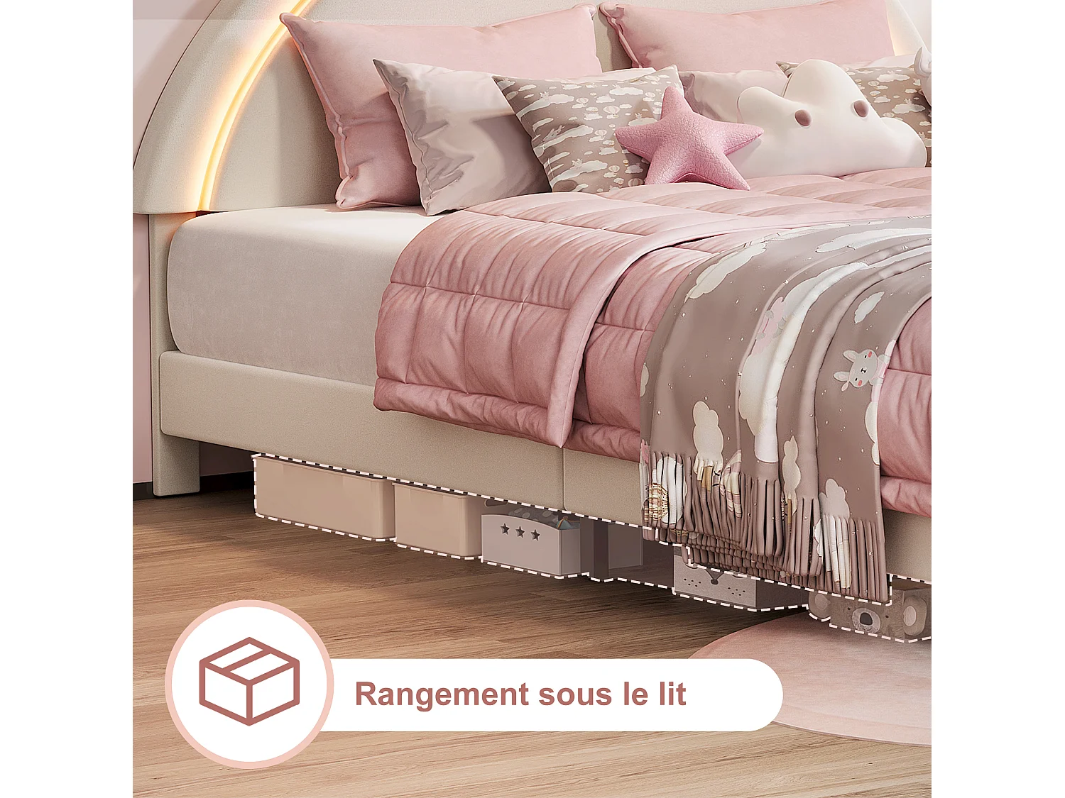 Lit enfant double 140x200cm avec lumières LED - tête de lit oreilles de lapin - velours - blanc
