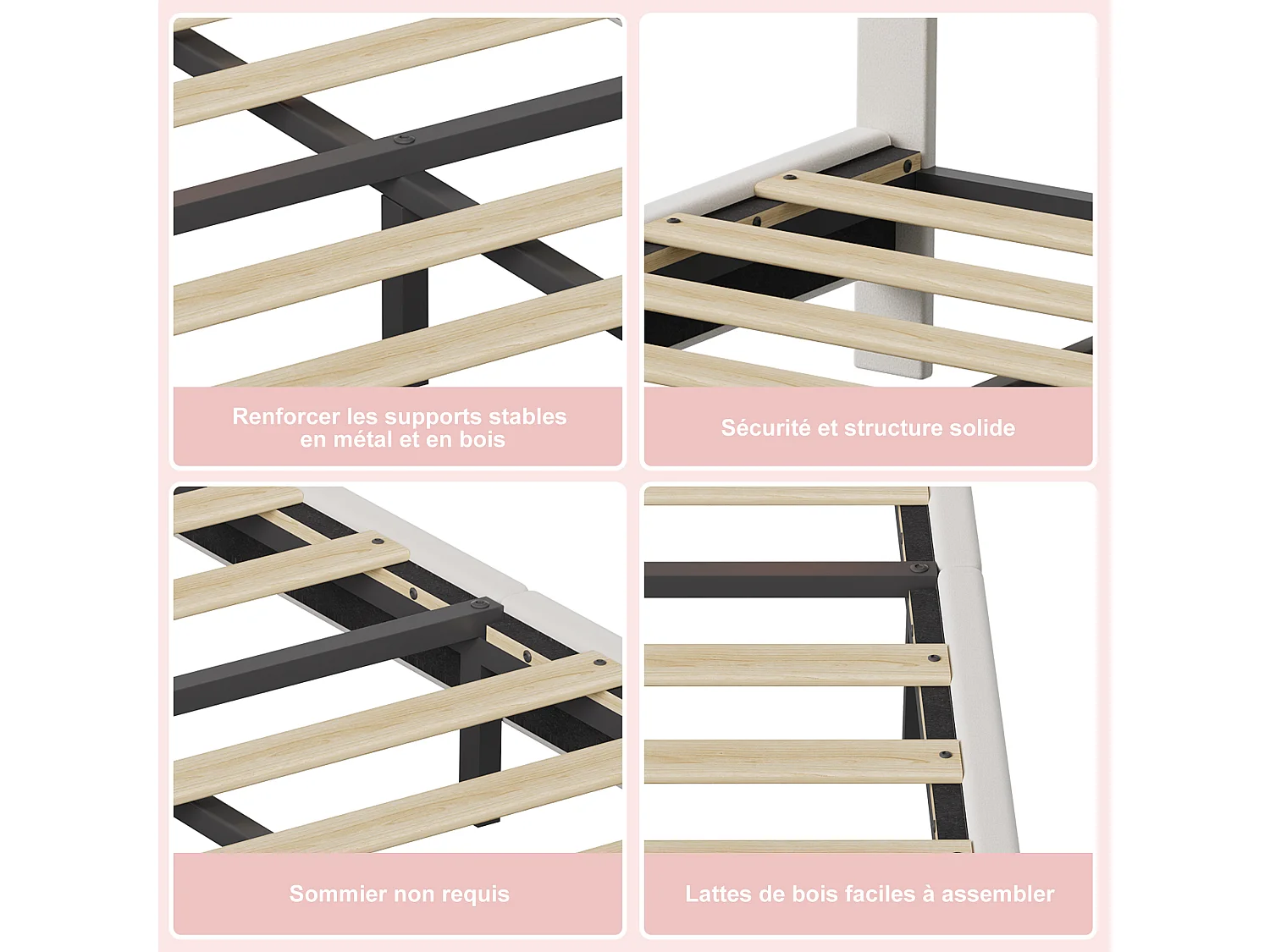 Lit enfant double 140x200cm avec lumières LED - tête de lit oreilles de lapin - velours - blanc