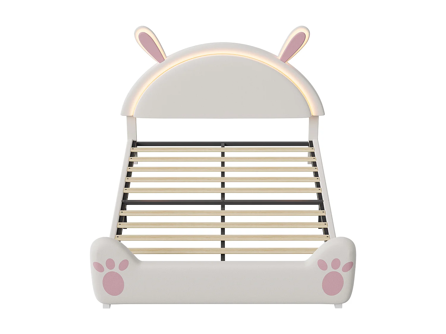 Lit enfant double 140x200cm avec lumières LED - tête de lit oreilles de lapin - velours - blanc