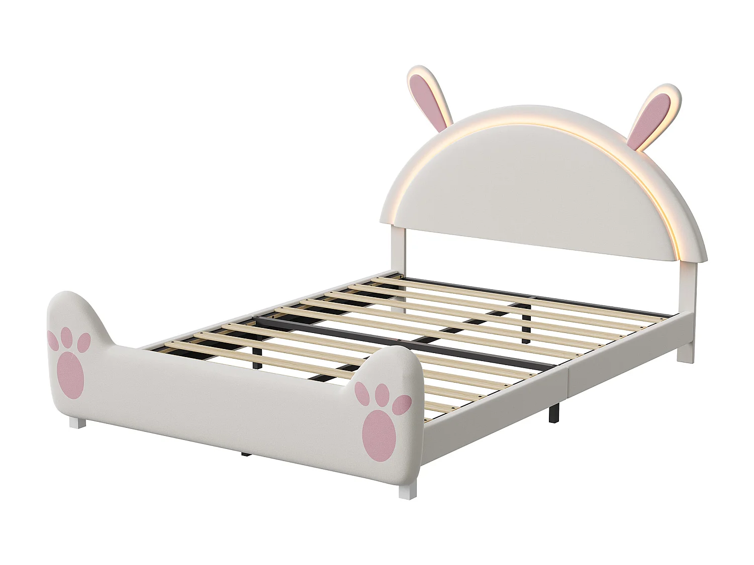 Lit enfant double 140x200cm avec lumières LED - tête de lit oreilles de lapin - velours - blanc