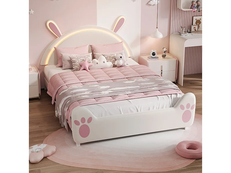 Lit enfant double 140x200cm avec lumières LED - tête de lit oreilles de lapin - velours - blanc