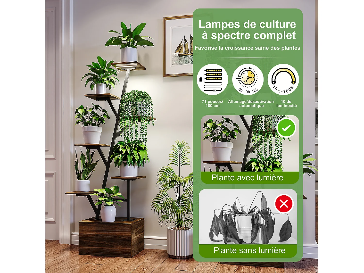 Lot de 2 supports pour plantes - avec lampe de croissance et armoire de rangement - 40 x 30 x 140 cm