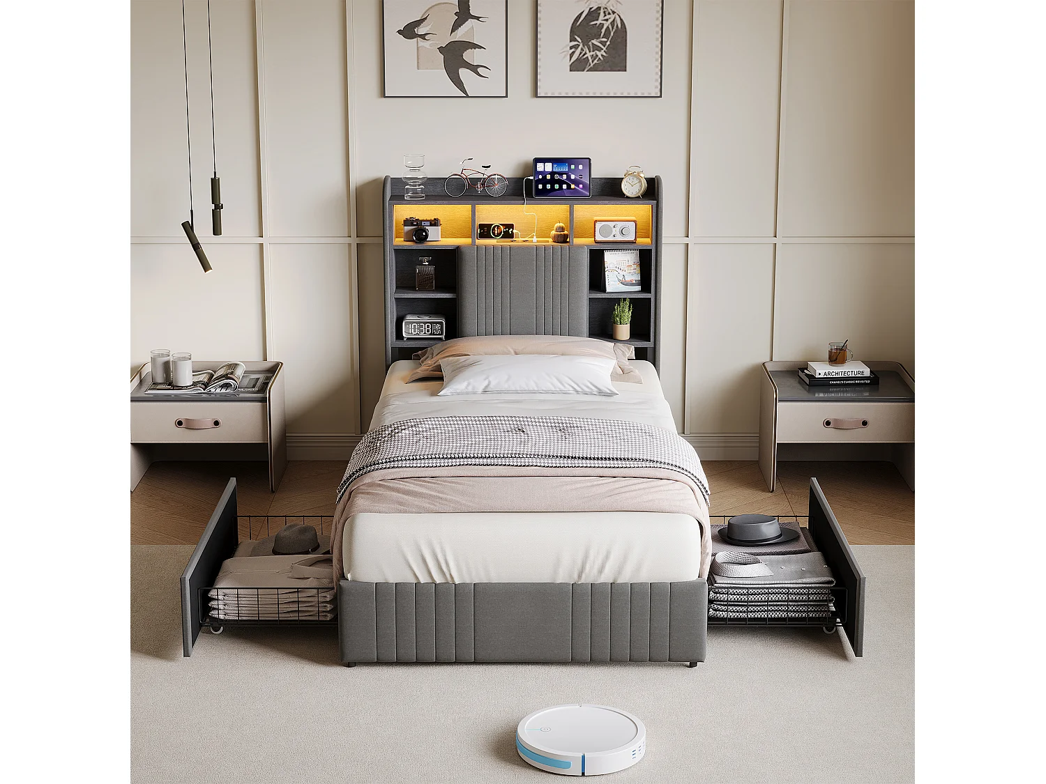 Lit simple 90x200cm avec éclairage LED et 2 tiroirs - tête de lit avec ports USB et rangements - lin - gris