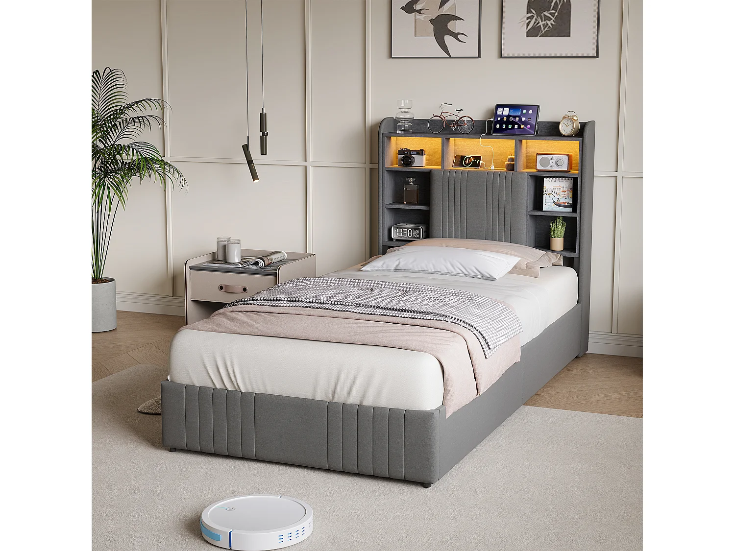 Lit simple 90x200cm avec éclairage LED et 2 tiroirs - tête de lit avec ports USB et rangements - lin - gris