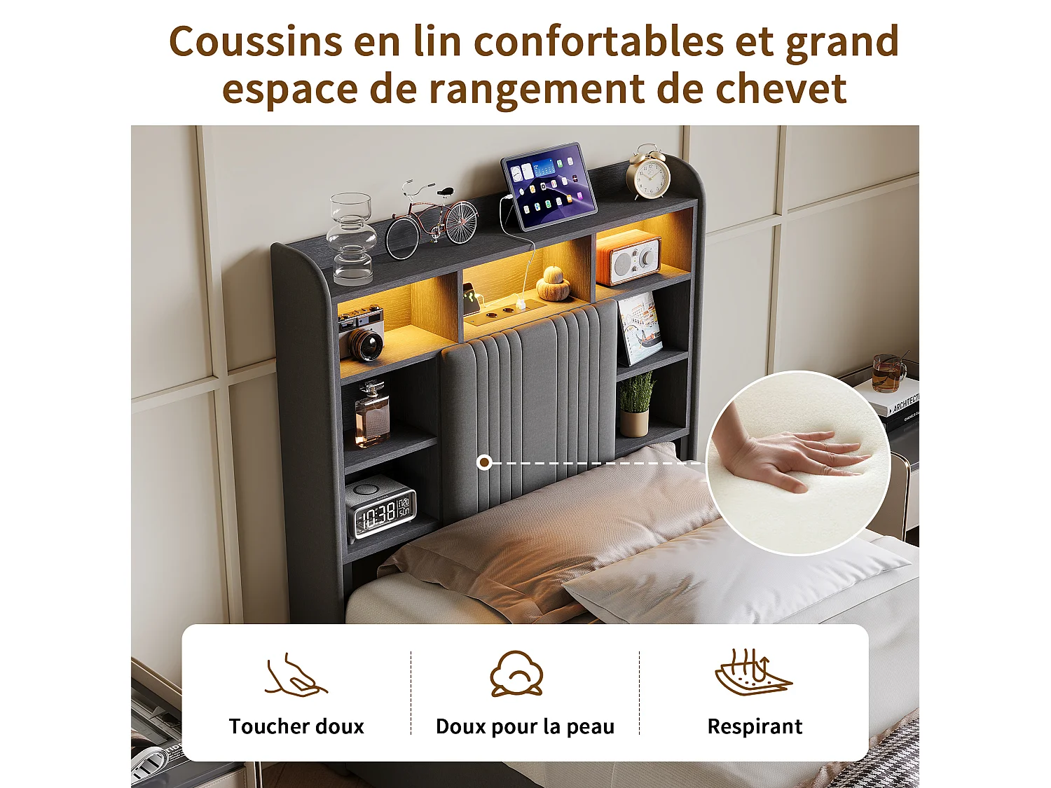 Lit simple 90x200cm avec éclairage LED et 2 tiroirs - tête de lit avec ports USB et rangements - lin - gris