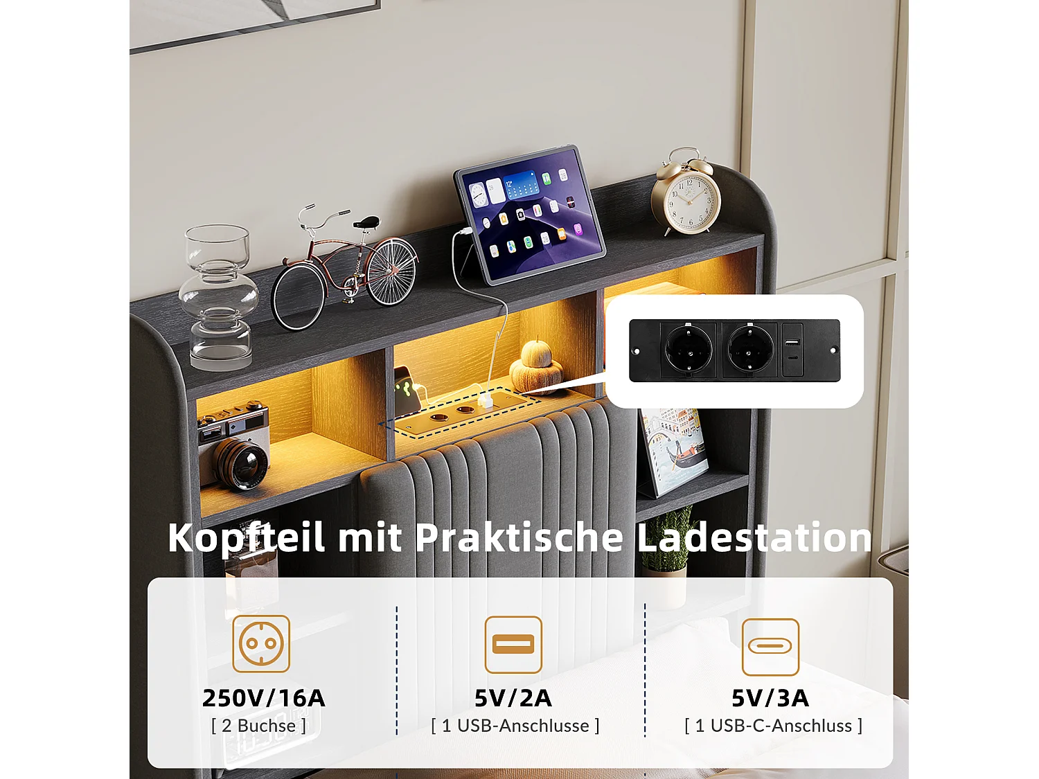 Lit simple 90x200cm avec éclairage LED et 2 tiroirs - tête de lit avec ports USB et rangements - lin - gris