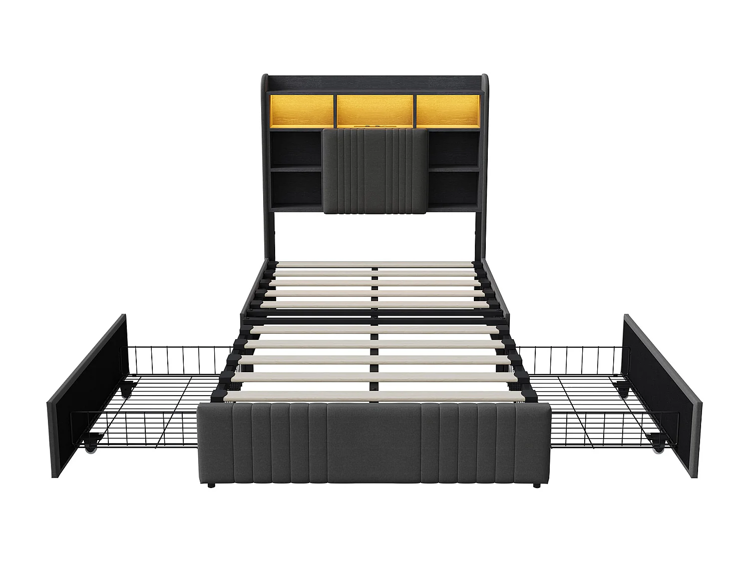 Lit simple 90x200cm avec éclairage LED et 2 tiroirs - tête de lit avec ports USB et rangements - lin - gris