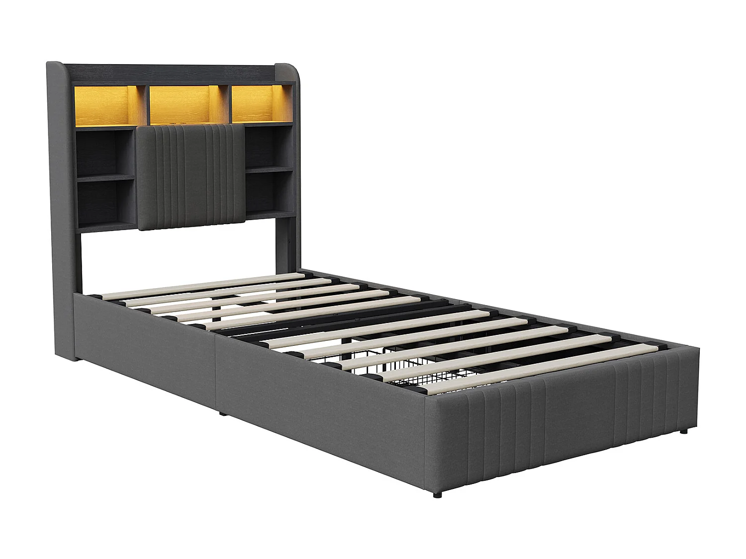 Lit simple 90x200cm avec éclairage LED et 2 tiroirs - tête de lit avec ports USB et rangements - lin - gris