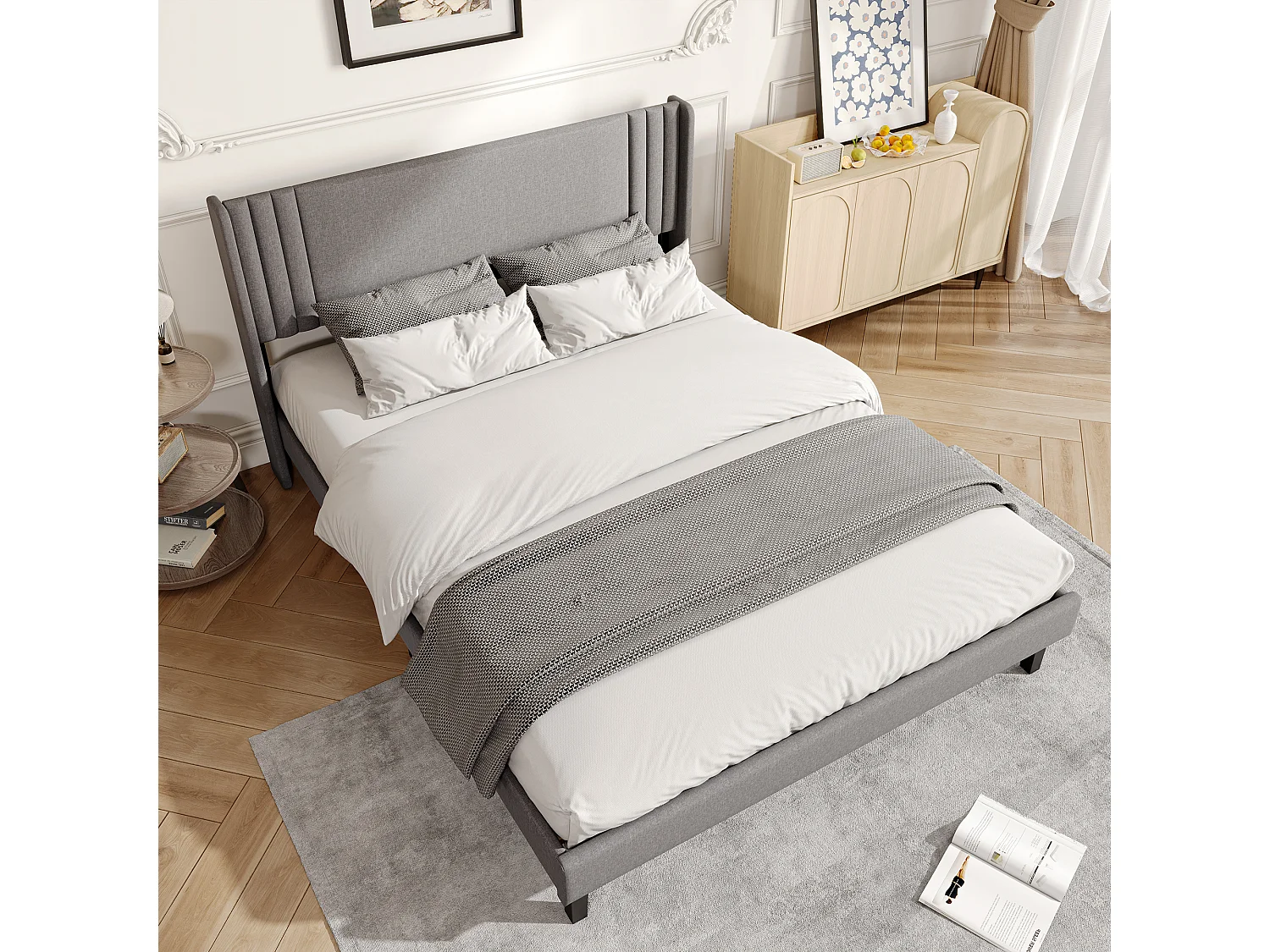 Lit double 160x200cm avec sommier à lattes et cadre en métal - Style moderne - Lin - Beige/Gris