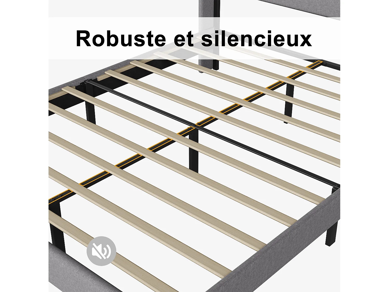 Lit double 160x200cm avec sommier à lattes et cadre en métal - Style moderne - Lin - Beige/Gris