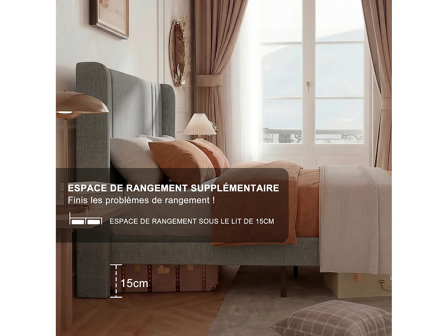 Lit double 160x200cm avec sommier à lattes et cadre en métal - Style moderne - Lin - Beige/Gris