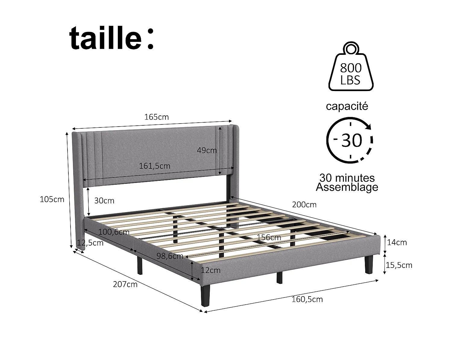 Lit double 160x200cm avec sommier à lattes et cadre en métal - Style moderne - Lin - Beige/Gris
