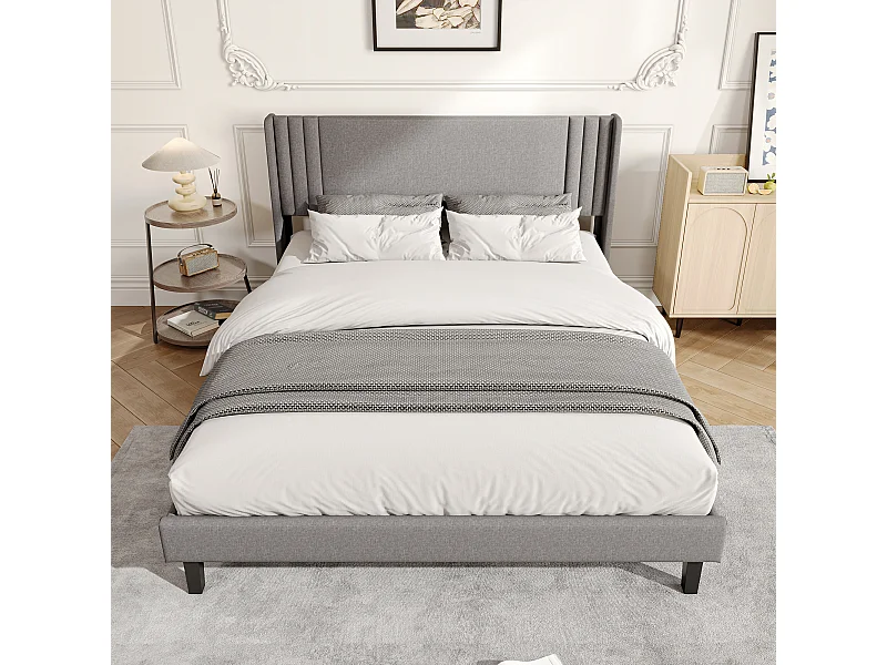 Lit double 160x200cm avec sommier à lattes et cadre en métal - Style moderne - Lin - Beige/Gris